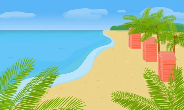 Paesaggio con la costa del mare e palme. — Vettoriale Stock