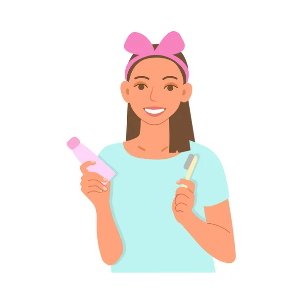 Flickan håller en tandkräm och tandborste — Stock vektor