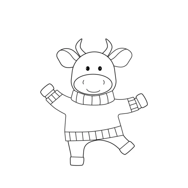 Dancing bull in a sweater. Black outline, sketch, simple silhouette of a cute animal. — Stock Vector