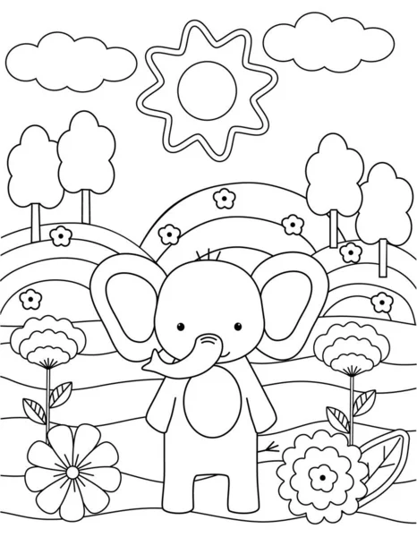Livre à colorier pour enfants avec éléphant mignon, arbres et fleurs. Formes simples, contour pour les petits enfants. Illustration vectorielle de bande dessinée. — Image vectorielle