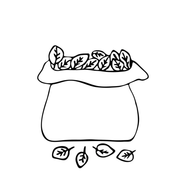 Worek liści. Ilustracja wektora na temat czyszczenia jesiennych liści.Czarny zarys, sylwetka na białym tle. — Wektor stockowy