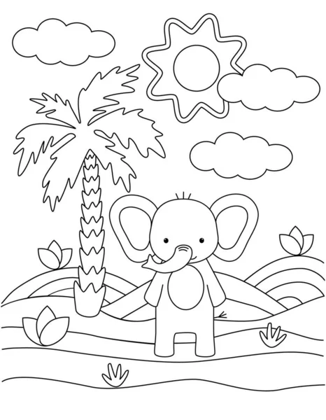 Crianças livro para colorir com elefante bonito, palmeira e sol. — Vetor de Stock