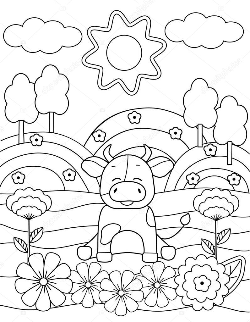 Cute coloring book with a funny bull, sun, flowers
