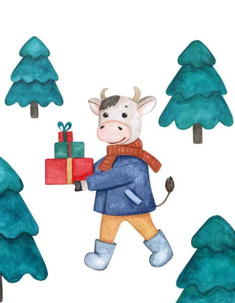 Modelo para um cartão de saudação de ano novo com um touro, presentes e abetos. Ilustração aquarela sobre um tema de Natal. — Fotografia de Stock