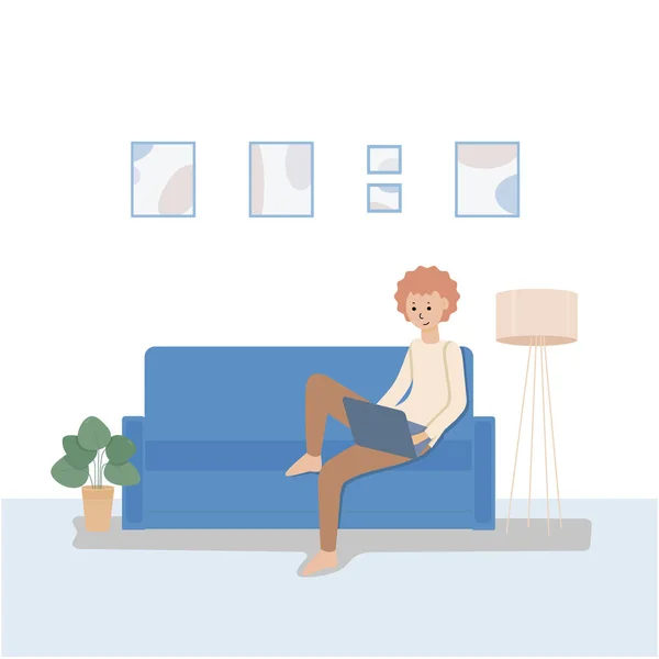 A young man is sitting on the sofa with a laptop. — Stock Vector