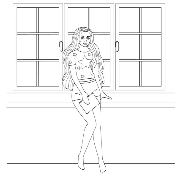 Hermosa chica con el pelo largo cerca de la ventana. — Vector de stock