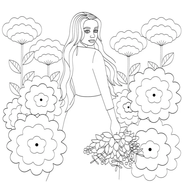 En flicka med långt hår, lång klänning och bukett i händerna. Disposition av en ung kvinna och stora blommor, söt målarbok, vektor illustration. — Stock vektor