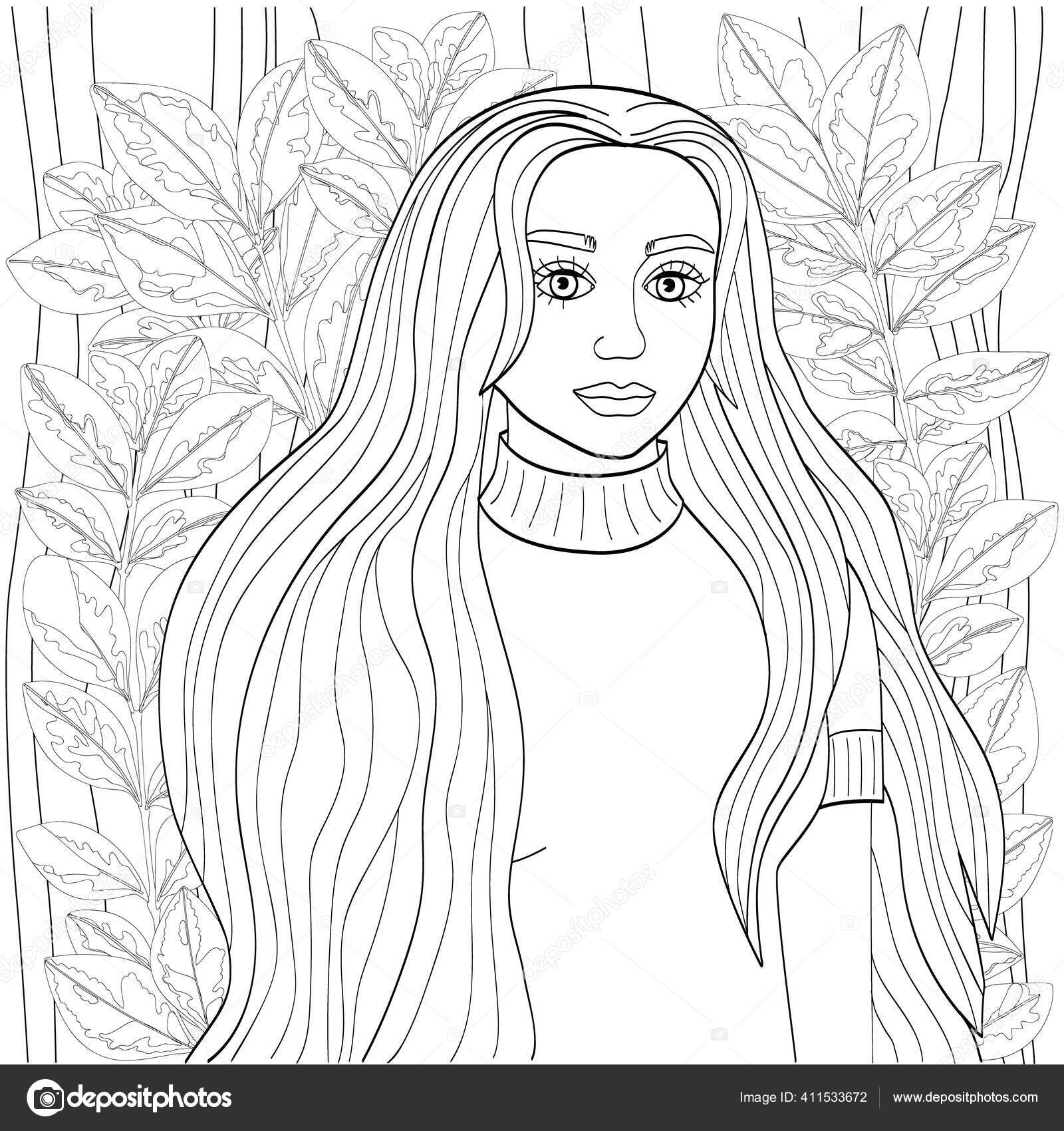 Line Drawing of a Girl, Black Outline Stock Vector - Illustration