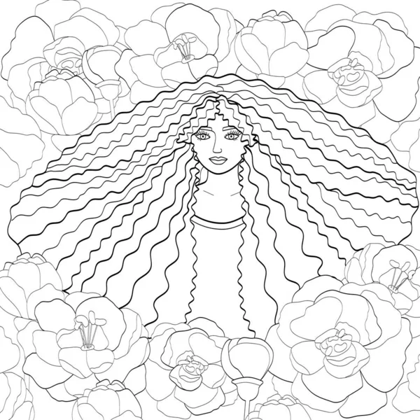 Portrét dívky s dlouhými kudrnatými vlasy a květinami. Černý obrys na bílém, skica, silueta pro omalovánky. — Stockový vektor