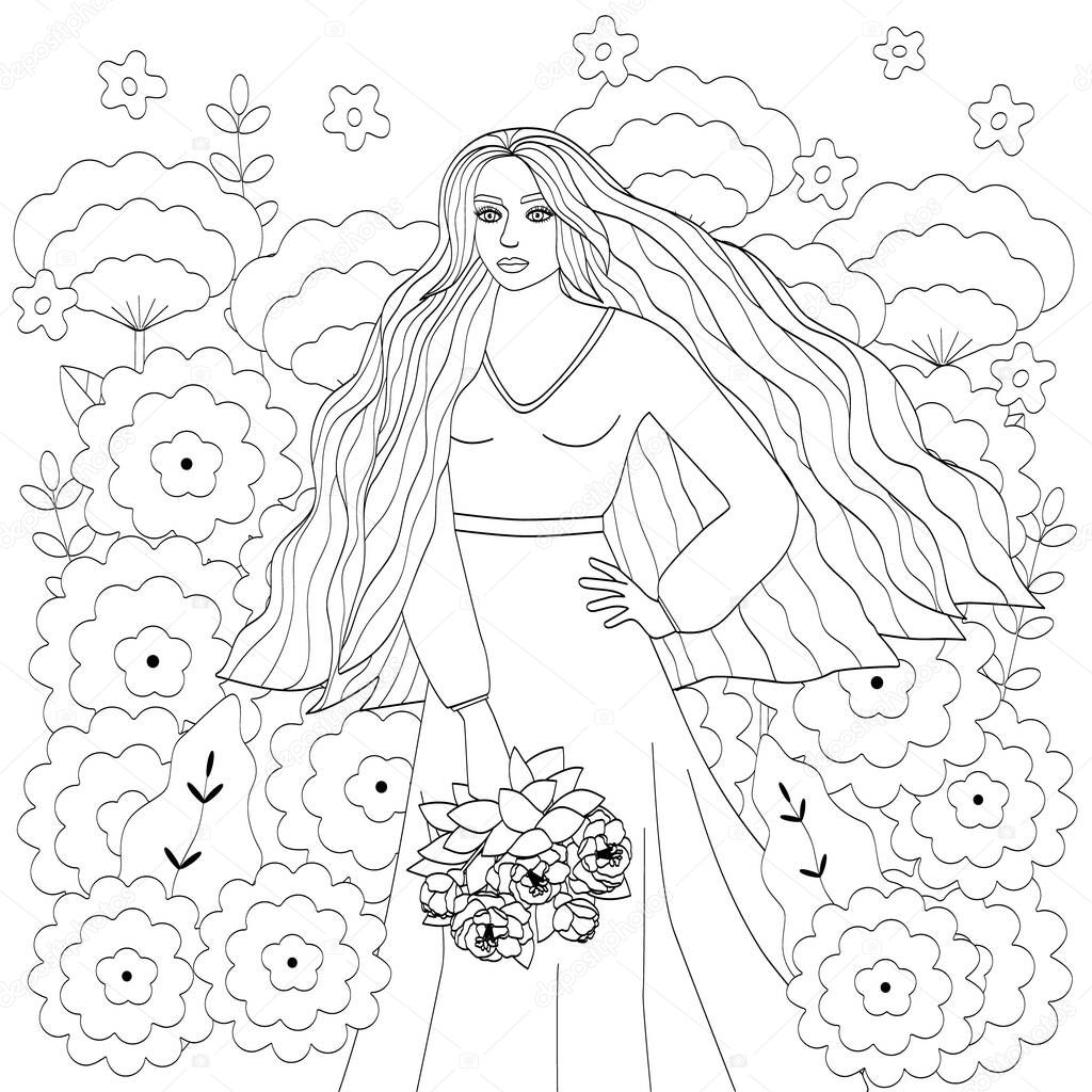 A girl with long hair, in a long dress and with a bouquet in her hands. The outline of a young woman and large flowers. 