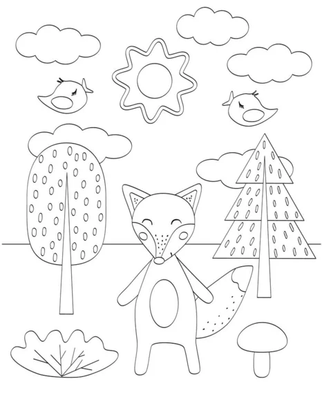 Lindo libro para colorear para niños con divertido Fox, árboles y aves Forma simple, contorno negro en blanco. — Vector de stock