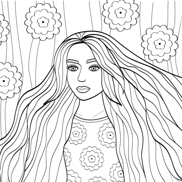 Portrét krásné dívky s dlouhými vlasy. Obrys mladé ženy. Vektorová ilustrace pro omalovánky, avatary, loga. — Stockový vektor