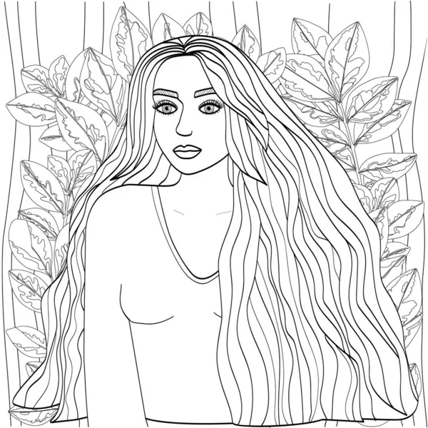 Krásná dívka s dlouhými vlasy obklopená neobvyklým listím. Roztomilá vektorová ilustrace pro zbarvení stránek. Černý obrys na bílém pozadí, skica, line art. — Stockový vektor