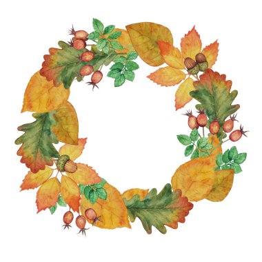 Sonbahar yaprakları, gül kalçalar ve meşe palamudu çelengi. Metin çerçevesi. Dekor, şablon, poster veya tebrik kartı için suluboya çizimi.