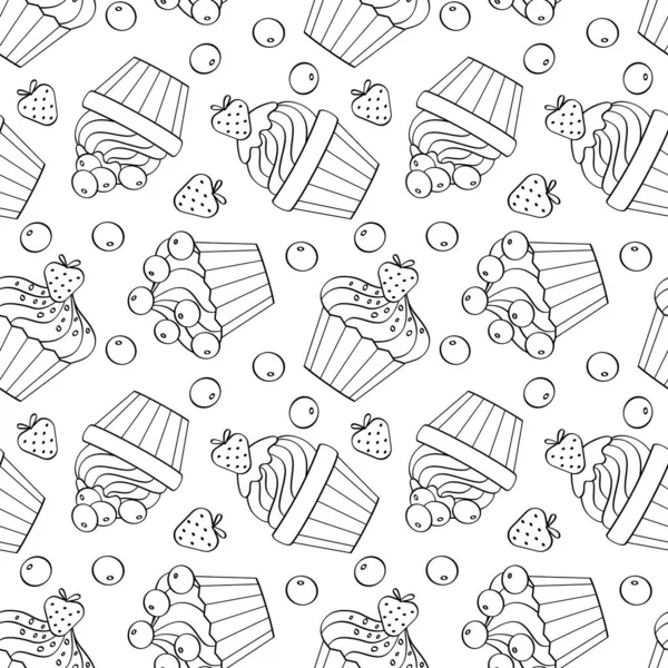 Απρόσκοπτη μοτίβο με cupcakes και μούρα. Μαύρο περίγραμμα, σκίτσο για βιβλία ζωγραφικής, διακόσμηση και υφάσματα. Χαριτωμένη διανυσματική απεικόνιση — Διανυσματικό Αρχείο