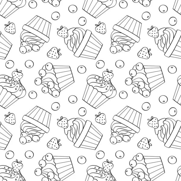 Padrão sem costura com cupcakes e bagas. Esboço preto, esboço para colorir livros, decoração e têxteis. Ilustração vetorial bonito —  Vetores de Stock