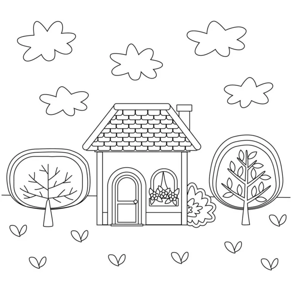 Lindos niños para colorear libro con una casa y árboles. — Vector de stock