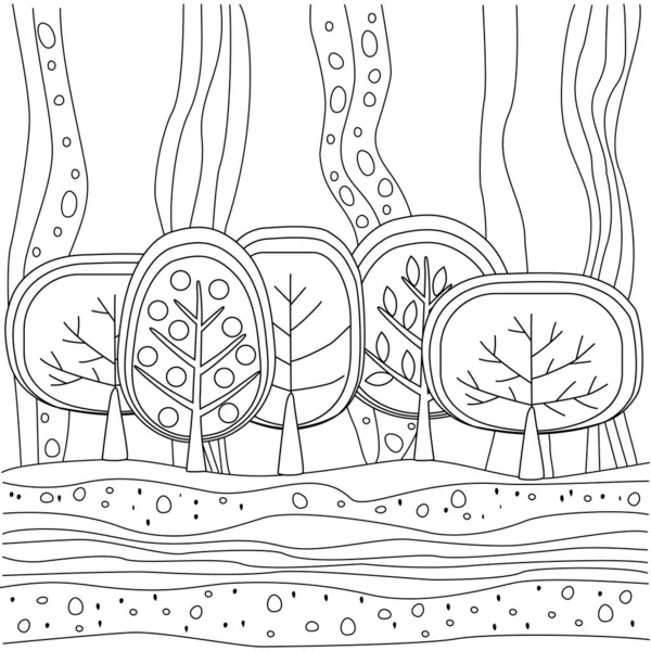 Детская раскраска с простыми деревьями и абстрактными линиями. — стоковый вектор