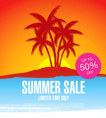 renk arka plan, vektör, illüstrasyon palmiye ağaçları ile yaz satışı büyük başlığı
