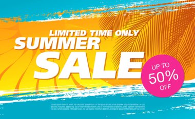 palmiye yaprakları renk arka plan, vektör, illüstrasyon ile yaz satışı büyük başlığı