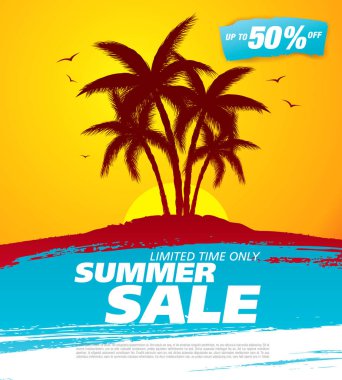 renk arka plan, vektör, illüstrasyon palmiye ağaçları ile yaz satışı büyük başlığı