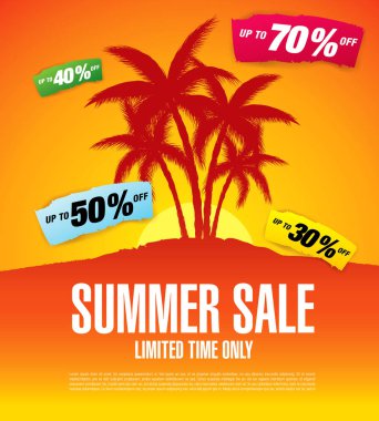 renk arka plan, vektör, illüstrasyon palmiye ağaçları ile yaz satışı büyük başlığı
