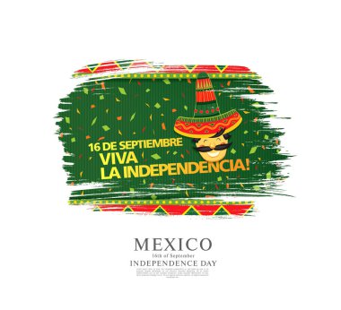 Adam fötr şapka ve metin yeşil arka plan üzerinde renkli vektör çizim için Meksika Bağımsızlık günü