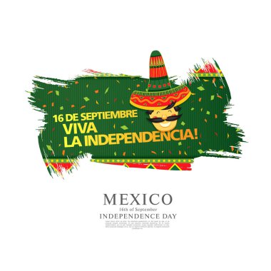 Adam fötr şapka ve metin yeşil arka plan üzerinde renkli vektör çizim için Meksika Bağımsızlık günü