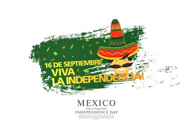 Adam fötr şapka ve metin yeşil arka plan üzerinde renkli vektör çizim için Meksika Bağımsızlık günü
