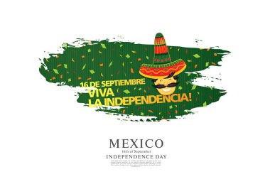 Adam fötr şapka ve metin yeşil arka plan üzerinde renkli vektör çizim için Meksika Bağımsızlık günü
