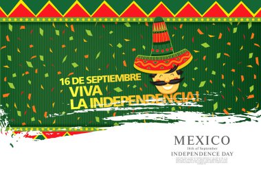 Adam fötr şapka ve metin yeşil arka plan üzerinde renkli vektör çizim için Meksika Bağımsızlık günü