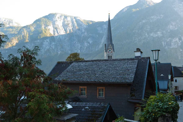 Casas Aldeia Montanha Hallstatter See Áustria — Fotografia de Stock