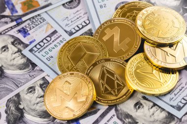 cryptocurrency, coins and dollars clipart