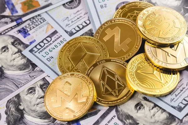 Kryptovaluta Mynt Och Dollar — Stockfoto