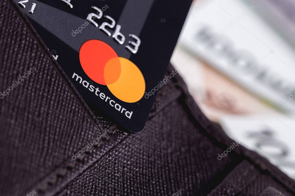 Master Card in the leather wallet, close up of credit cards. MasterCard Worldwide is an American multinational financial services corporation. Moscow, Russia - December 8, 2018