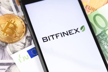 Bitcoin, dolar, euro banknotlar ve Bitfinex logosu 