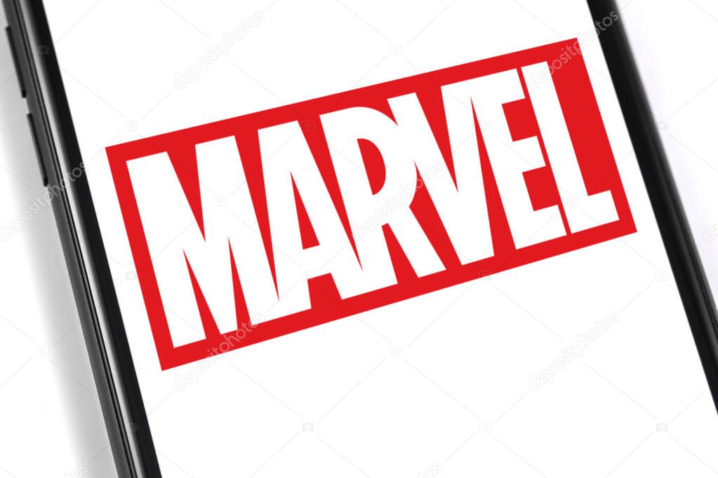 Marvel logo on the screen smartphone. Marvel Comics Group is a publisher of American comic books and related media. Moscow, Russia - February 28, 2019