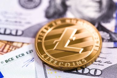 kripto para Litecoin ve para, dolar, euro banknotlar