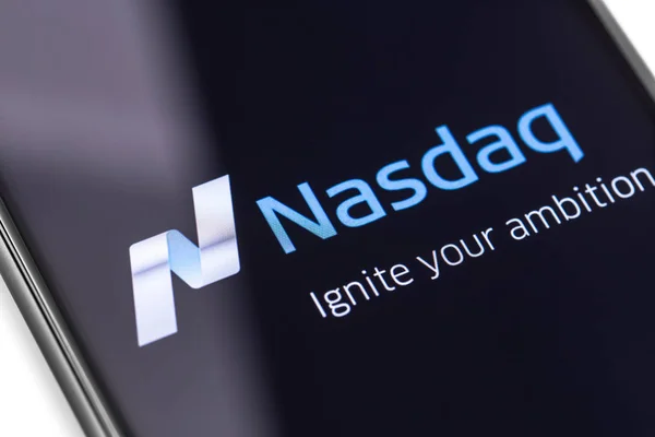 Closeup smartphone with Nasdaq logo on the screen — Stock Photo, Image
