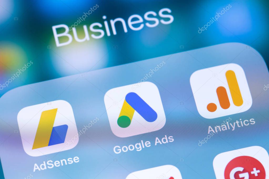 Google services icon apps on the screen smartphone closeup. Google is the biggest Internet search engine in the world. Moscow, Russia - March 15, 2019