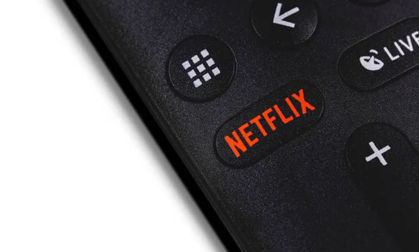 Uzaktan kumandadaki Netflix düğmesi. Netflix bir internati olduğunu — Stok fotoğraf