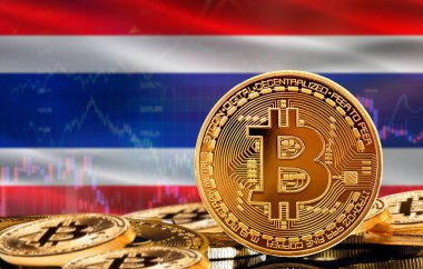 Tayland 'daki kripto para birimi ve engelleme teknolojisi yatırımcıları. Arka planda Tayland bayrağı olan Bitcoin