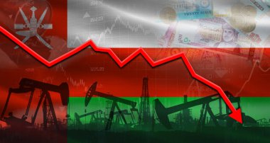 Ekonomik tabloda Umman 'ın bayraklı petrol fiyatları, finansal grafikte Umman bayrağıyla petrol krizleri