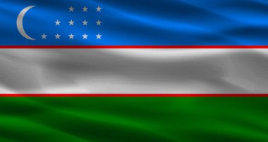 Kumaş desenli Özbekistan bayrağı. Özbekistan 'ın gerçekçi bayrağı dalgalanıyor