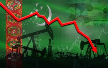 Finansal grafikte Türkmenistan bayrağıyla petrol krizi. Ekonomik tabloda Türkmenistan bayrağı ile petrol fiyatları düştü