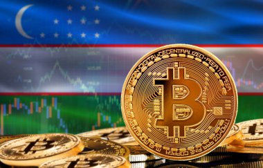 Özbekistan 'daki kripto para birimi ve engelleme teknolojisi yatırımcıları. Arka planda Özbekistan bayrağı olan bitcoin