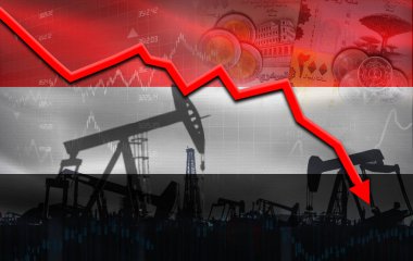 Finansal grafikte Yemen bayrağı olan petrol krizi. Ekonomik tabloda Yemen bayrağı ile petrol fiyatları düştü