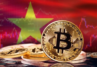 Arka planda Vietnam bayrağı olan Bitcoin. Vietnam 'daki Kripto Para Birimi ve Engelleme Teknolojisi Yatırımcıları