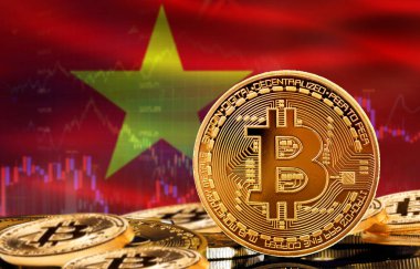 Vietnam 'daki kripto para birimi ve engelleme teknolojisi yatırımcıları. Arka planda Vietnam bayrağı olan Bitcoin