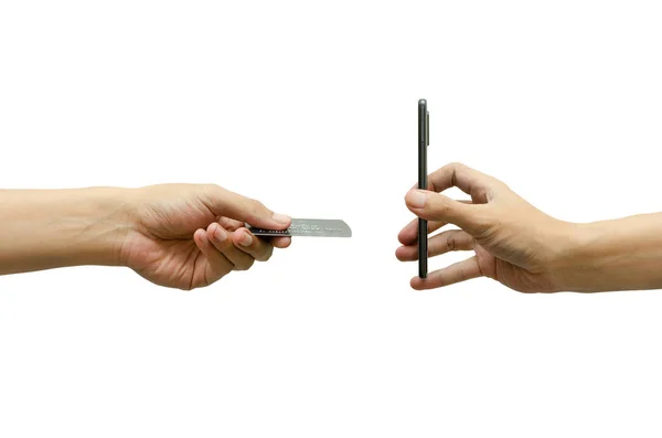 Men hand, send credit cards and hands on the smartphone stand — Stock Photo, Image